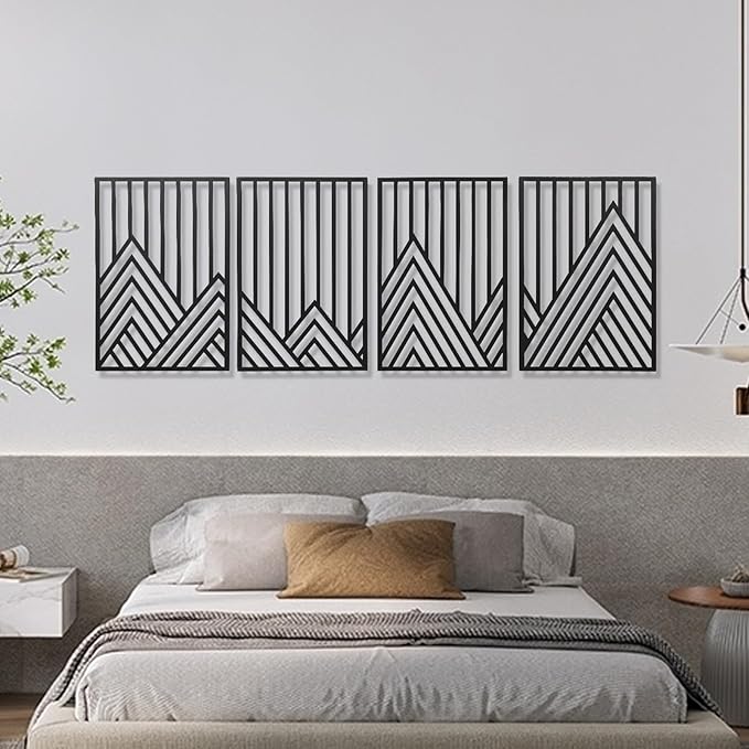 AMAATE Black Metal Wall Art, 4 Pieces Minimalist Geometric Mountain Line Art Sculpture, Hollowed Out Abstract Modern Metal Hanging Decor for Living Room Bedroom Office 17.7" X 26.4" in