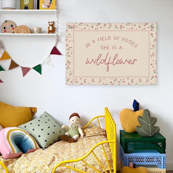 Wildflower Nursery Decor, Girls Room Decor - In a Field Full of Roses She Is a Wildflower Pink Linen Banner Flag for Little Girl Baby Girl - Pink Wildflower