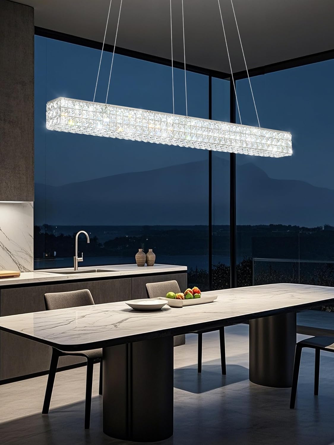 W48 Modern Rectangular Crystal Chandeliers Dining Room Chandelier,Silver Pendant Light Fixture with Remote Control for Living Room Kitchen Island