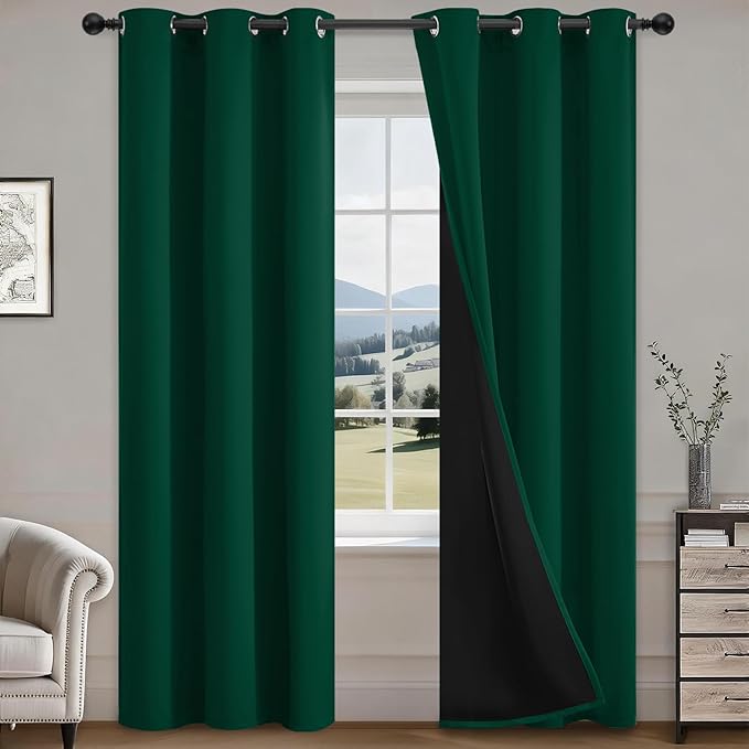 COSVIYA 100% Green Blackout Curtains for Bedroom Living Room 84 Inches Length 2 Panels Set, Full Light Blocking Thermal Insulated Grommet Nursery Window Treatment Drapes with Black Liner,W40 x L84