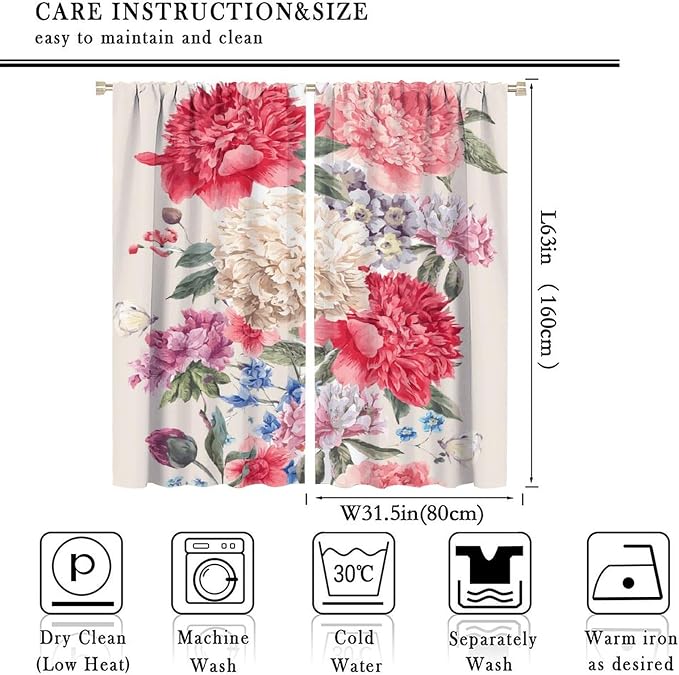 Floral Blackout Window Curtain Vintage Bouquet of Peony Wild Flowers Nature Botanical Leaf for Home Kitchen Livingroom Coffee Room Curtains Drapes 2 Panels 63x63in