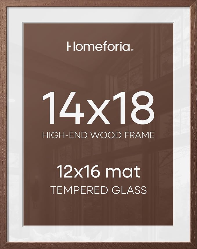 Homeforia 14x18 Picture Frame Brown, High End Dark Oak 14x18 Poster Wood Frame with Mat 12x16 for Photo, 14 x 18 Wooden Walnut Frame Matted to 12 x 16, 18x14 Frames, Tempered Glass, Wall Kit, Set of 2