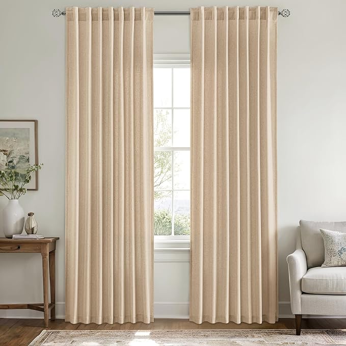MIULEE Non-See-Through Privacy Linen Curtains 2 Panels, Light Filtering Window Curtains Farnhouse Textured Back Tab Semi Sheer Drapes for Bedroom Living Room, 52 x 84 Inches Long, Light Brown