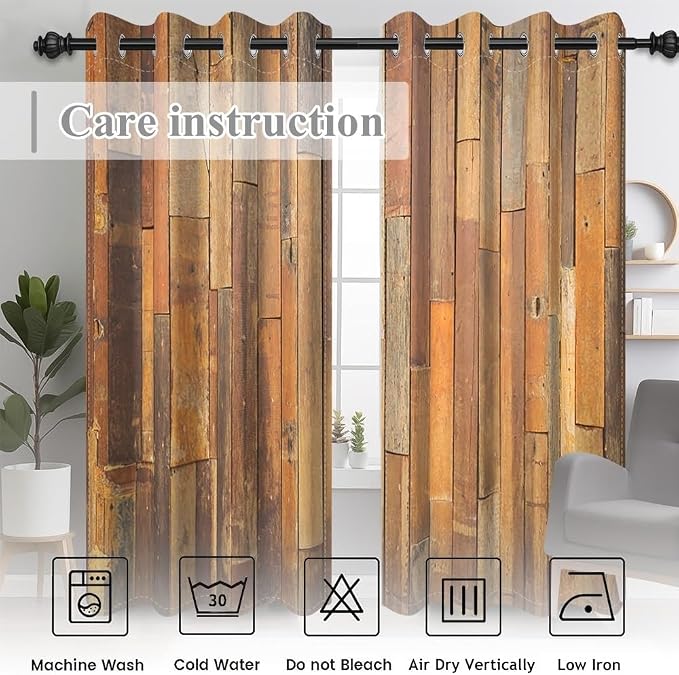 Wooden Curtains Vertical Planks Wooden Window Curtains Rustic Wooden Barn Door Grain Cottage Hardwood Garage Door Bedroom Living Room Window Drapes Decor with Grommets,53x72 inch,2 Panels