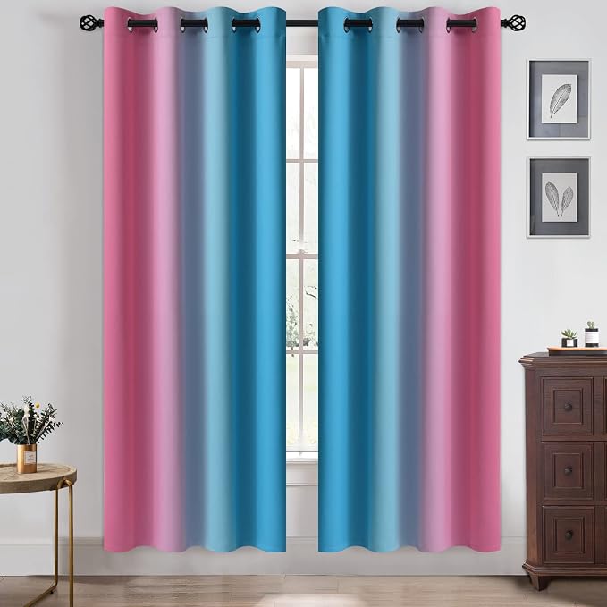 Yakamok Ombre Pink and Blue Curtains for Bedroom, Gradient Room Darkening Curtains, Grommet Thermal Insulated Light Blocking Window Drapes/Curtain for Living Room,52 x 72 Inch,2 Panels
