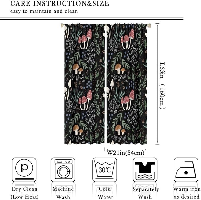 Mushroom Curtains, Cartoon Green Leaves Mushroom Wildflower Plant Botanical Boho Herb Nature Garden Print Blackout Window Drapes for Living Room Kids Bedroom 42x63in