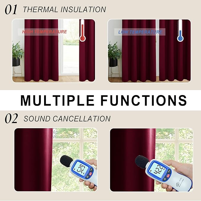 XWZO 100% Blackout Curtains with Tiebacks- Heat and Full Light Blocking Window Drapes for Home Theater, 95 Inches Long Thermal Insulated Draperies, Rod Pocket & Back Tab, Burgundy, W52 x L95, 2 Panels