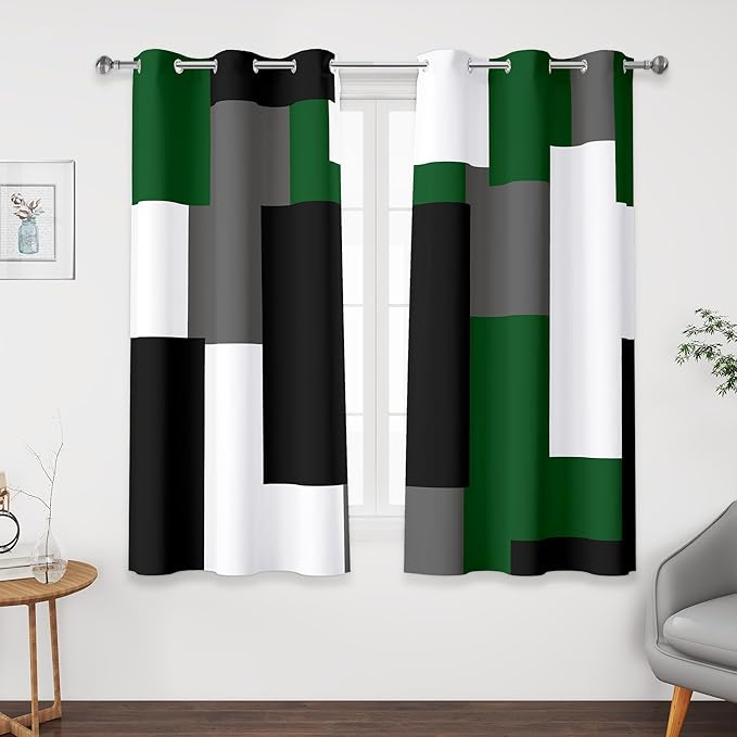 Tyrot Green 100% Blackout Curtains 45 inch Length 2 Panels Set White Grey Modern Abstract Geometric Drapes for Kitchen Black Out Curtains Insulated Room Darkening Small Window Curtains, 42Wx45L