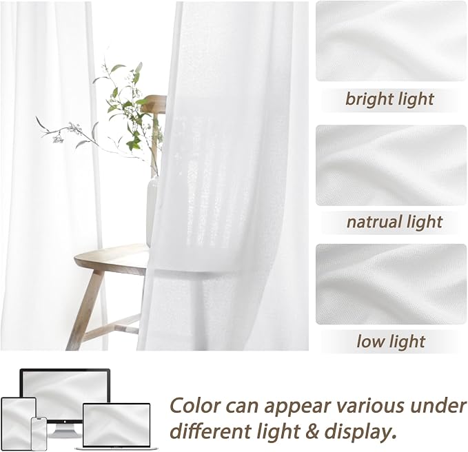 White Linen Sheer Curtains 84 Inches Long 2 Panels, Neutral Textured Pinch Pleated 7ft Light Filtering Drapes for Living Room Elegantes with Hooks Track System&Back Tab Window Panels Office at Home