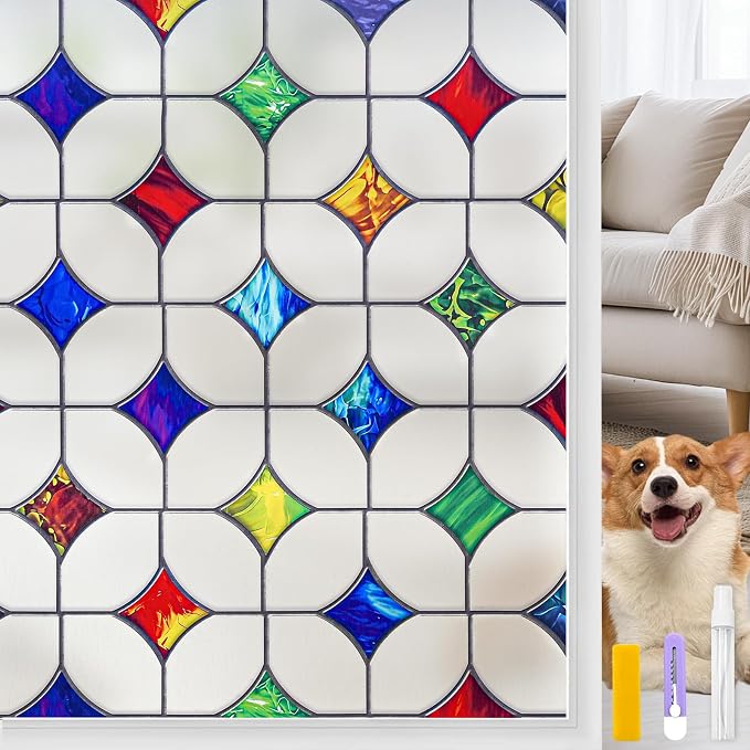 Stained Glass Window Film - Non-Adhesive Colorful Privacy Film, Frosted Mosaic, 35.4 X 157.4 in - Reusable & Renter Friendly for Bedroom/Bathroom Room Decor