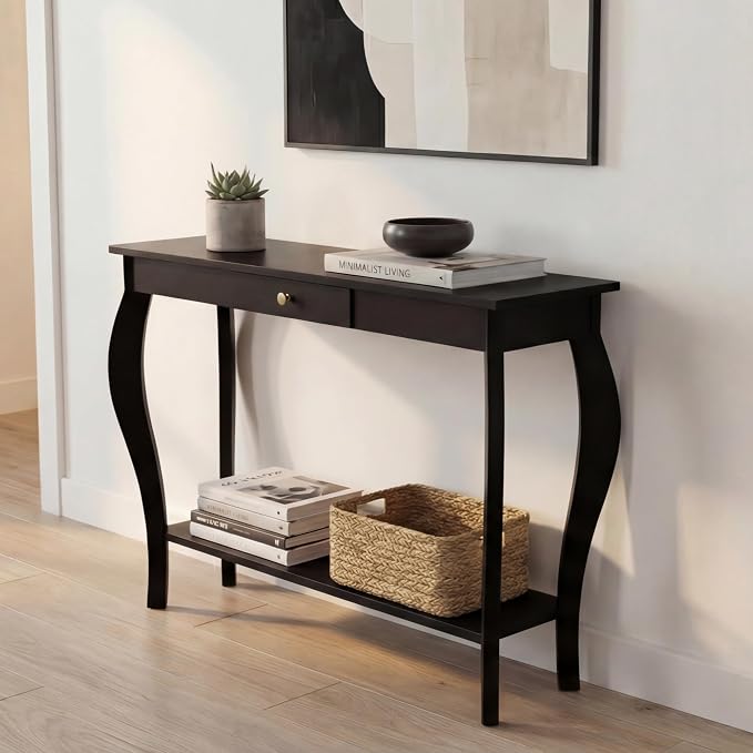 ChooChoo Narrow Console Table with Drawer, Chic Accent Sofa Table, Entryway Table, Black