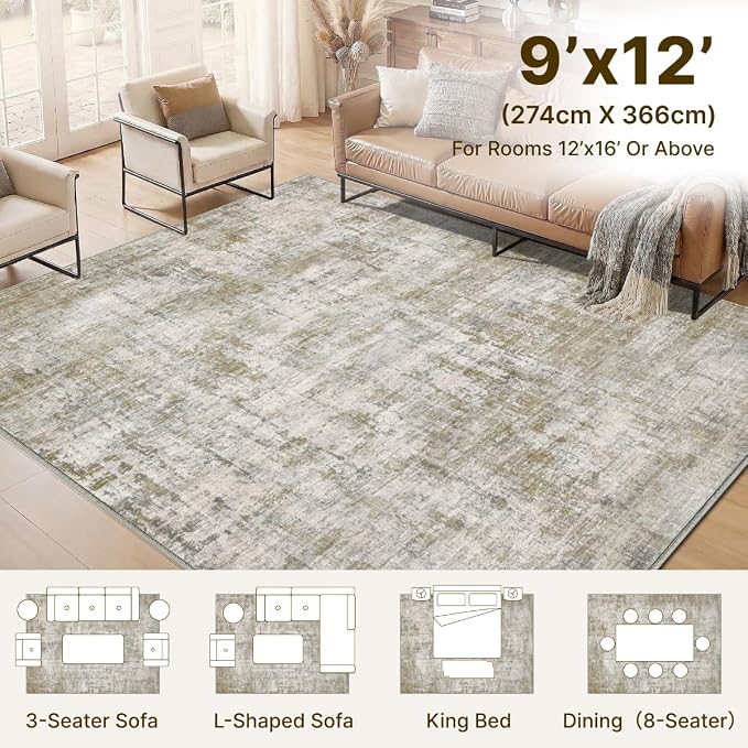 9x12 Area Rugs Washable Living Room Rug-No Slip Soft Carpets Modern Abstract Indoor Floor Stain Resistant Large Carpet for Bedroom Dining Room Farmhouse Nursery Home Office Tan