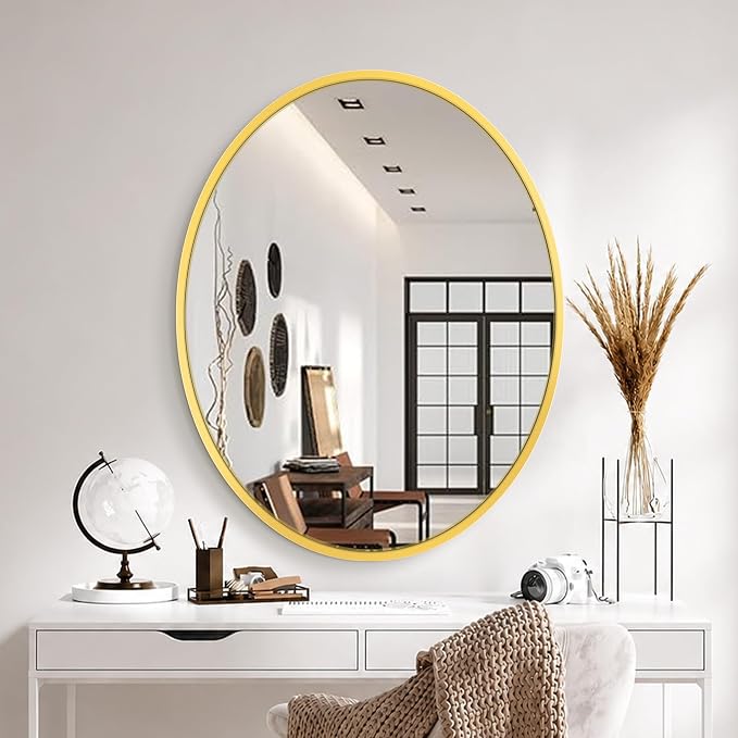 Bathroom Vanity Mirror for Wall, 28''x22'' Gold Oval Bathroom Mirror for Over Sink, Bedroom, Living Room, Entryway, HD Tempered Glass, Wall Mounted Horizontally or Vertically