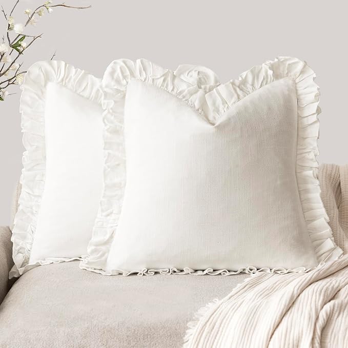 Foindtower Set of 2 Decorative Soild Fringe Ruffle Throw Pillow Covers Soft Boho Farmhouse Cushion Cover Cozy Accent Retro Pillowcase for Couch Sofa Bed Living Room Home Decor,18×18 Inch,White