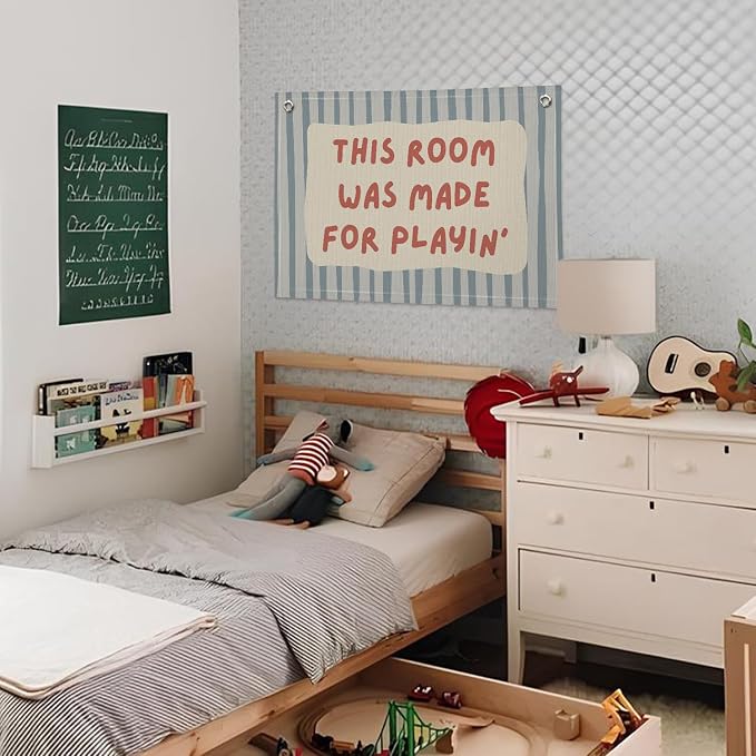 Playroom Decor Wall Banner "This Room Was Made For Playin'" 20x30 Inch - Nursery Canvas Art, Kids Bedroom Hanging, Toddler Play Area Sign, Children's Canvas Flag Decor - Red