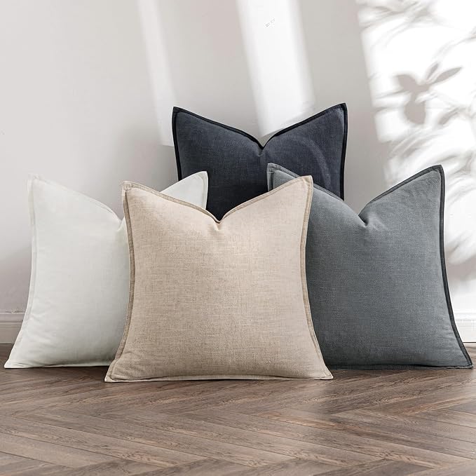 MIULEE Neutral Cream/Gray Boho Linen Pillow Covers 20x20 Inch Pack of 4 | Natural Decorative Throw Pillow Covers Soft Farmhouse Couch Pillowcases Modern Home Decors for Living Room Bed Sofa