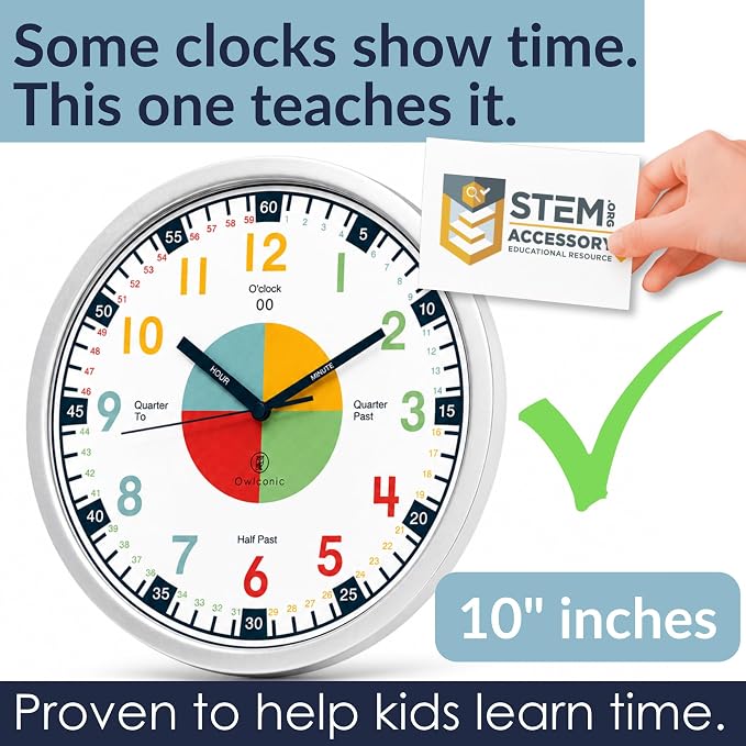 OWLCONIC Clock for Kids – Educational Analog Learning Wall Clock, Non Ticking Teaching Clock for Classroom & Homeschool, Silent Kids Bedroom Décor Multicolor
