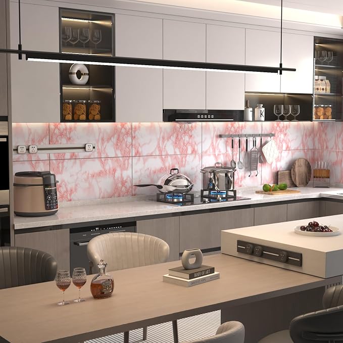 Extra Wide Marble Contact Paper Granite Peel and Stick Wallpaper Pink Glossy 31.5x157inch Countertop Contact Paper for Kitchen Bathroom Self-adhesive Waterproof Decorative Film Marble Vinyl Wrap