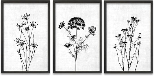 TQianJiang Flower Plant Wall Decor 24"x16" Black And White Botanical Painting Wood Framed Set of 3 Bedroom Office Abstract Wildflower Sign Hanging Art (Black)