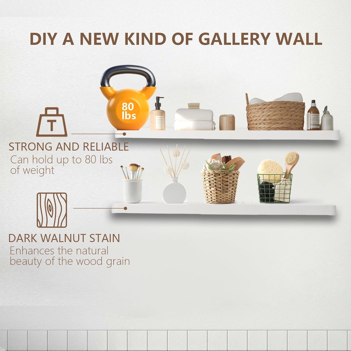 Solid Wood Floating Shelves Set of 2 - Natural, Warp & Crack Resistant 23.62 Inch Wall Shelf with Invisible Brackets Thicker, More Durable for Bathroom, Bedroom, Kitchen, Living Room (White, 23.62)