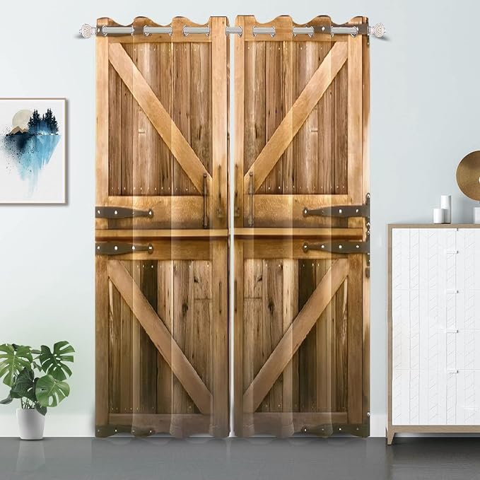 Vintage Wooden Door Window Curtains Rustic Yellow Brown Barn Door Curtains Old Garage Door Rural Style Window Drapes American Native Country Farmhouse Window Treatment,21x63 inch,2 Panels