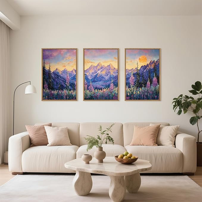 HOURIA Vintage Purple Mountain Landscape Framed Canvas Wall Art Set,Watercolor Boho Floral Tree Wall Decor,Modern Natural Soft Sunlight Field Artwork for Living Room, Bedroom,Farmhouse-16 x24 x3