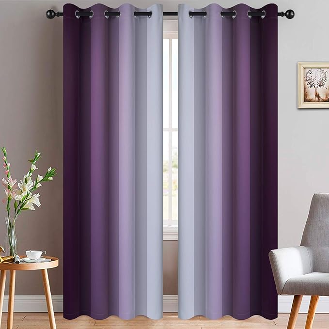 Yakamok Ombre Curtains Purple and Greyish White for Living Room,52Wx96L | Room Darkening Curtains 96,Thermal Insulated Gradient Color Drape,Light Blocking Grommet Window Curtains for Bedroom,2 Panels