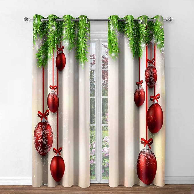 Jekeno Christmas Blackout Curtains - Blocking Window Drapes Xmas Winter Season Theme Fir Twigs and Vibrant Balls Graphic Decor Home Bedroom Living Room Grommet Window Drapes 2 Panel Set, 52" x 63"