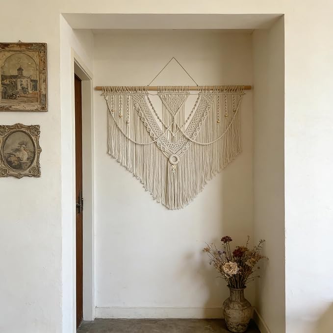 LISRRZHEN Large Macrame Wall Hanging - Boho Nordic Geometric Woven Tapestry, Handcrafted Cotton Wall Decor for Living Room Bedroom Entryway Apartment