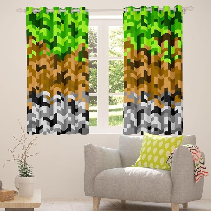 Miners Pixelated Games Window Curtain,Green Brown Grey Plaid Blackout Window Treatment ,Kids Teens Adult Geometric Block Bedroom Curtains Modern Video Games Living Room Decor Top 2 Panels,42Wx90L