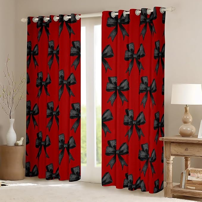 Erosebridal Red Black Bow Kids Window Treatments Watercolor Bowknot Girls 38" Wx45 L Window Curtain Cute Bow Tie Curtain Kawaii Dreamy Bows 30%-50% Blackout Curtains for Bedroom