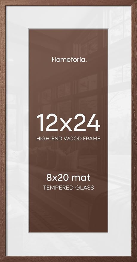 Homeforia 12x24 Picture Frame Brown, High End Dark Oak 12x24 Walnut Wood Poster Frame with Mat 8x20 Print, 12 x 24 Wooden Frame Matted to 8 x 20 Photo, 24x12 Frames, Tempered Glass, Wall Kit, Set of 3