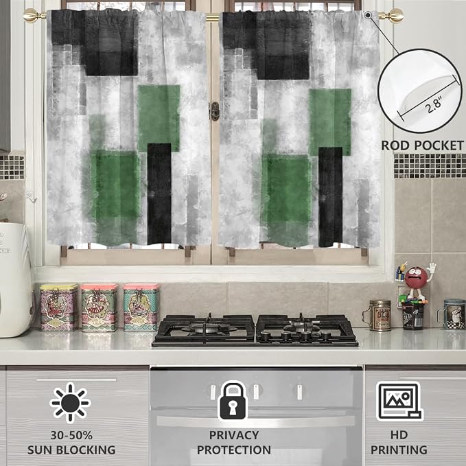 AAtter Green Window Curtains for Kitchen Black Gray Grey Olive Modern Funky Small Short Home Living Room Bedroom Bathroom Rod Pocket Drapes Treatment Tiers Fabric 1 Pair, 27.5" W x 36" L, Geometric