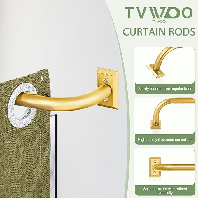 TVWOO Gold Wrap Around Curtain Rods 28 to 48 Inch:Blackout Adjustable Window Curtain Rod,Room Darkening Heavy Duty Curved French Metal Single Drapery Rods for Bedroom Kitchen Easy Install,Brass Gold