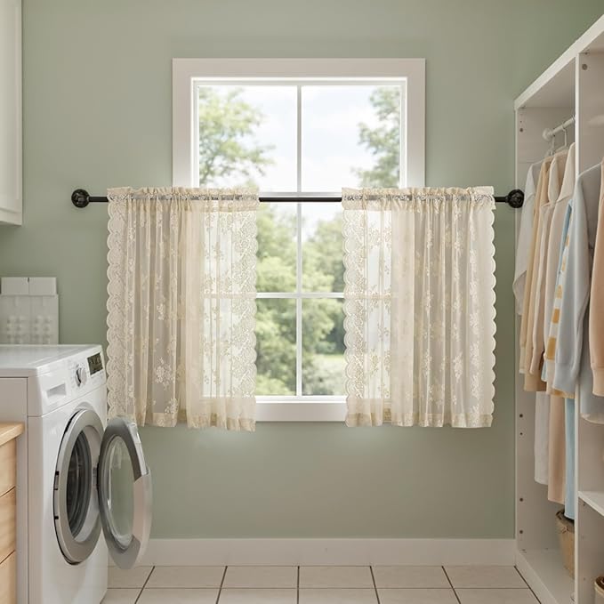 Kotile Short Beige Lace Curtains 36 Inch Length 2 Panels Set, Rustic Floral Vintage Scalloped Lace Kitchen Window Curtains Over Sink, Rod Pocket Privacy Sheer Lace Café Curtains, Each 52 x 36 Inch