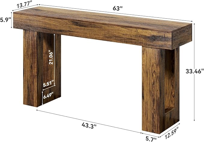 LITTLE TREE 63-Inch Long Console Tables for Entryway, Large Sofa Table Behind Couch, Wooden Entry Foyer Hallway Table, Industrial Console Sofa Tables for Living Room, Rustic Brown