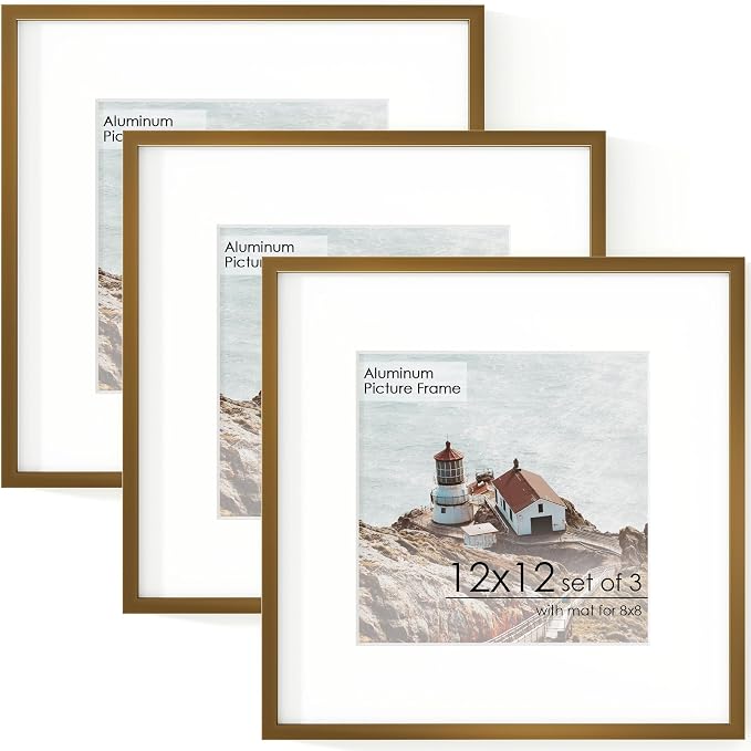 FLYJOE 12x12 Frame - Metal Square Picture Frame With Plexiglass 12x12 Frame With Mat for 8x8 Minimalist Modern Poster Frame Home Wall Decor Hanging Hardware Included (3PCs, Bronze)