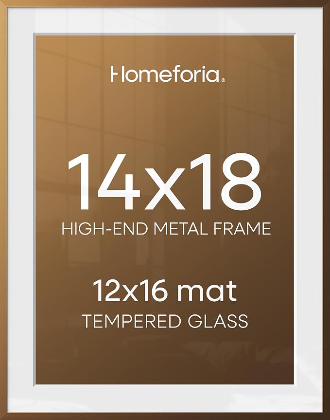Homeforia 14x18 Picture Frame Bronze, High End Metal 14x18 Brass Poster Frames with Mat 12x16 Photo, 14 x 18 Frame Matted to 12 by 16 inch Print, 18by14 Thin Frames, Tempered Glass, Wall Kit, Set of 2