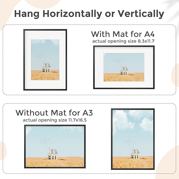 FLYJOE A3 Picture Frame Black - High-End Metal 11.7 x 16.5 Frame for Wall, Poster Frame, A3 Photo Frame with Mat A4, Aluminum Frame and Real Glass, Wall Kit, Black