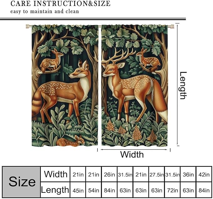 William Morris Blackout Curtains, Retro Forest Deer Animal Rustic Farmhous Window Drapes, for Bedroom Living Room 84" W X 84" L