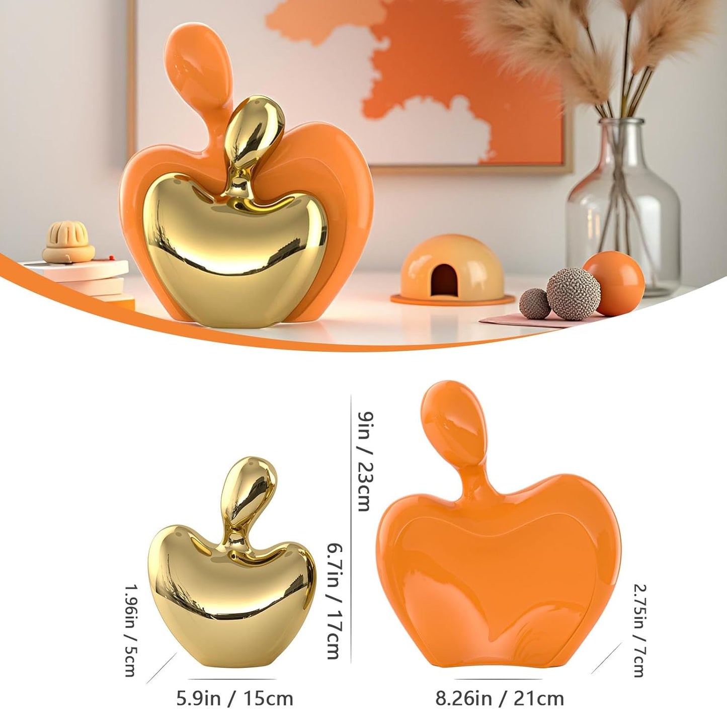 XMGZQ Orange and Gold Ceramic Couple Figurines Home Decor,Wedding Engagement Romantic Gift for Husband Wife,Large Male and Female Love Statue Valentine's Day Birthday,Abstract Hugging Couple