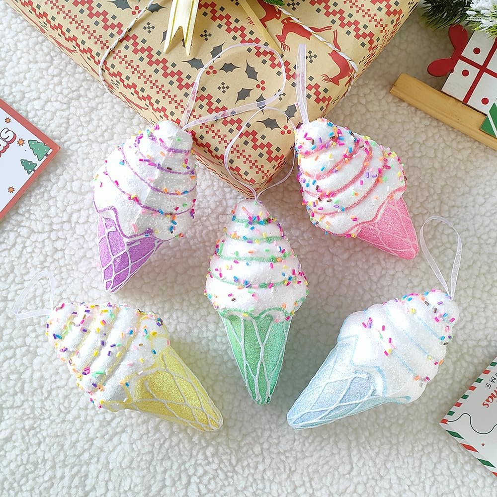 Macaron Color Dessert Ice Cream Pendant Set - 5pcs Christmas Tree Hanging Candy Gift for Xmas, New Year, Birthday Parties
