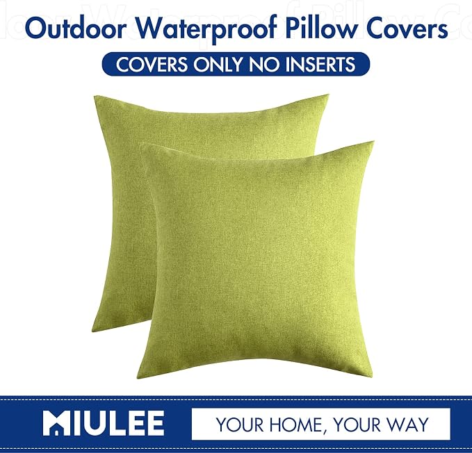 MIULEE Pack of 2 Decorative Outdoor Solid Waterproof Throw Pillow Covers Spring Faux Linen Garden Farmhouse Cushion Cases for Summer Patio Tent Balcony Couch Sofa 20x20 Inch Green