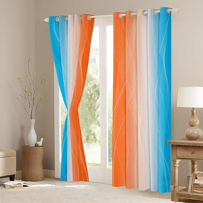 jejeloiu (2 Panels, 42 x 84 Inch Orange and Blue Darkening Drapes Strip Lines Curtains for Bedroom Living Room for Kids Women Men Ombre Printed Blackout Curtains Geometric Window Treatments