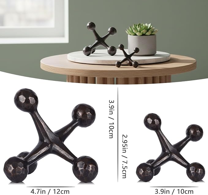 2-Piece Mid-Century Modern Jacks Decor Set - Lightweight Resin Decorative Knot Alternative for Coffee Table,Bookshelf & Office Desk - Abstract Geometric Sculpture Objects,Bronze Finish (Bronze)