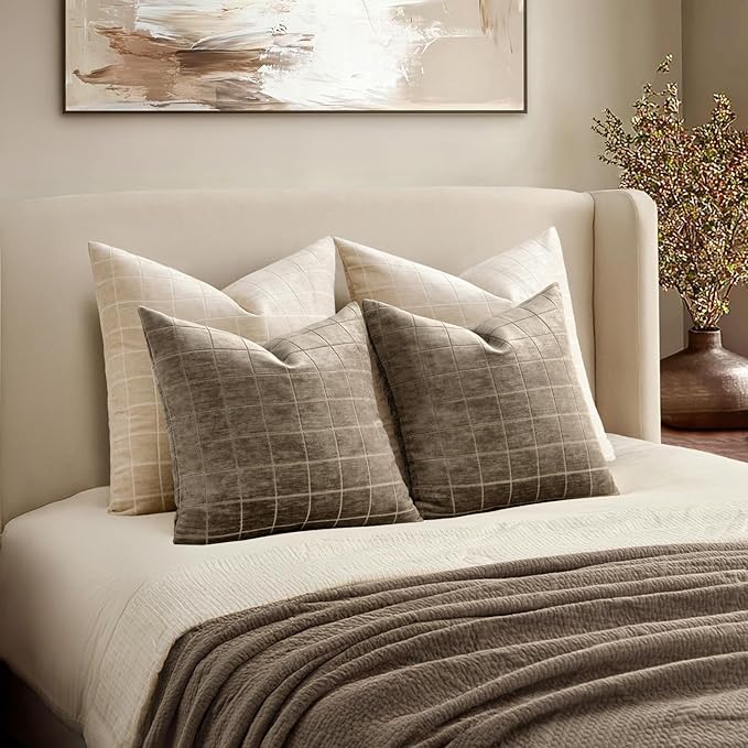 MIULEE Taupe Grey Plaid Decorative Fall Throw Pillow Covers 22x22 Set of 2 | Vintage Check Chenille Couch Pillows Boho Farmhouse Cushion Covers Modern Fall Home Decor for Sofa Bed Living Room