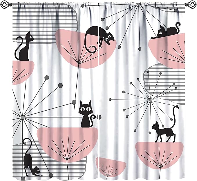 JESTRONRY Mid Century Cat Curtains, Pink Atomic Abstract Geometric 1950s 1960s Retro Style Rod Sleeves Window Drapes for Bedroom Living Room Home Decor 72x63in