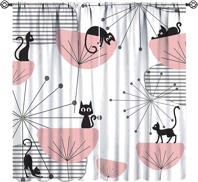 JESTRONRY Mid Century Cat Curtains, Pink Atomic Abstract Geometric 1950s 1960s Retro Style Rod Sleeves Window Drapes for Bedroom Living Room Home Decor 63x63in