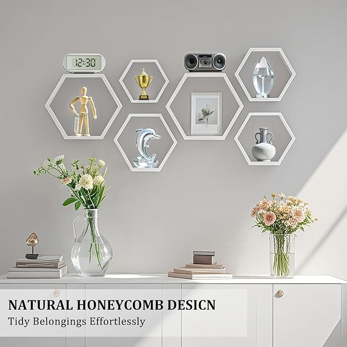 ZGZD Set of 3 White Wooden Hexagon Wall Shelves - Modern Decorative Storage for Home, Kitchen, Office – Stylish Floating Shelves for Small Plants, Books, and Decor