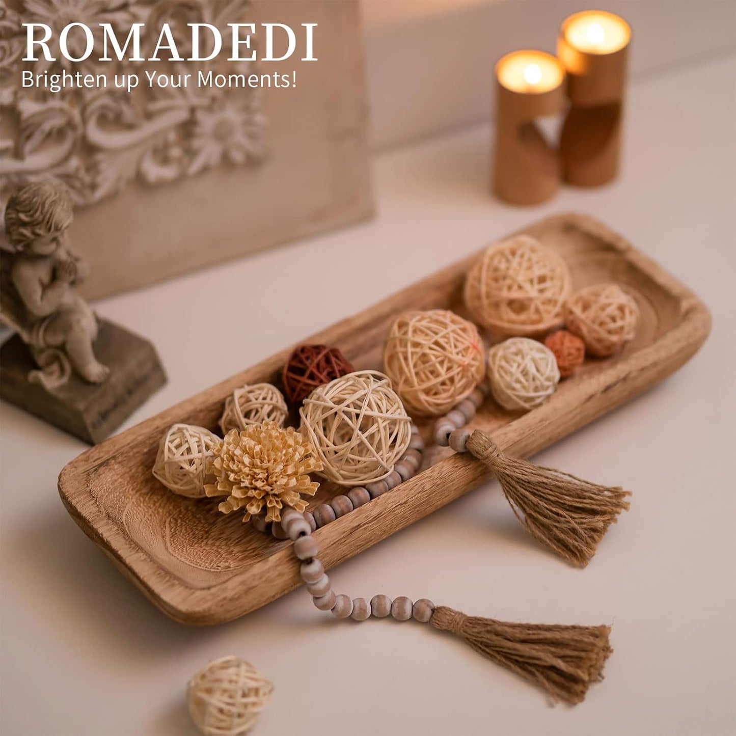 Romadedi Decorative Bowls for Home Decor, Wooden Dough Bowl for Decor, 16" Large Wood Bowl for Kitchen Table Centerpieces, Long Narrow Wooden Tray for Dining Table Decor Centerpiece